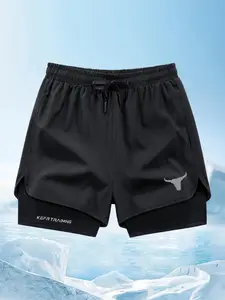 A set of three outdoor men's sport shorts, Athletic Wear Shorts, quick-drying, with drawstrings at the waist, featuring bull head prints, perfect for fitness training and running, lightweight and breathable