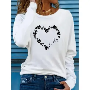 Women's Lucky Clover Heart Print Long Sleeve T-Shirt - Casual Round Neck Regular Fit Machine Washable Top for All-Season Comfort