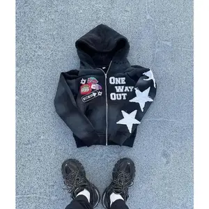 Trendy font embroidery, oversized zipper hoodie, men's hip-hop style sportswear, women's clothing