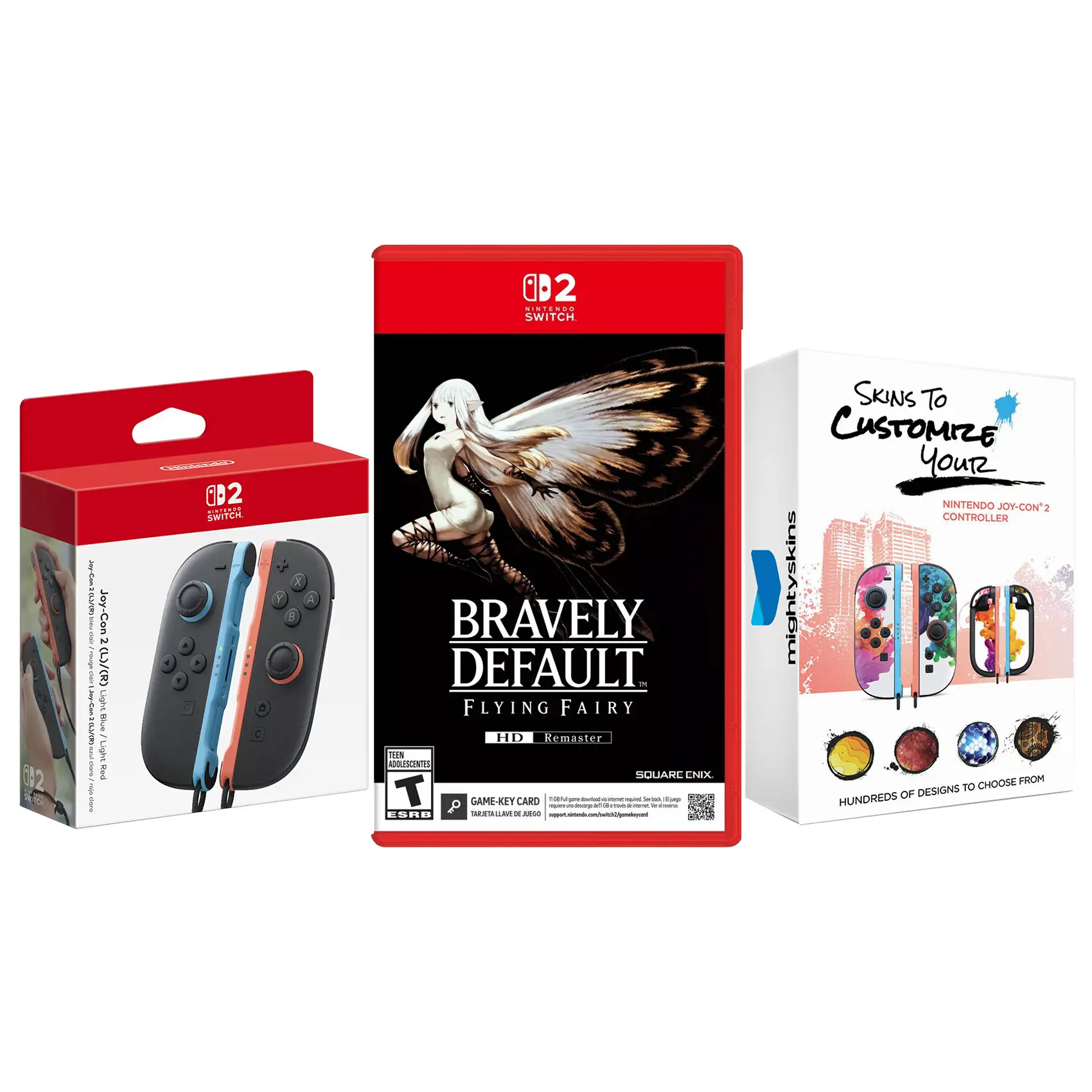 Nintendo Switch 2 Joy-Cons Blue/Red with Bravely Default Flying Fairy HD and MightySkins Code Bundle