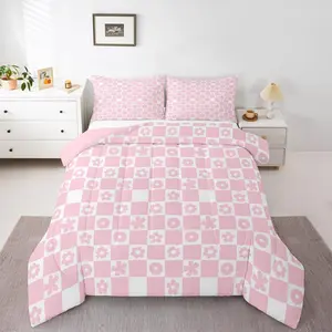 Cherry Checkered Bedding Set Soft for Boys Girls,Cute Florals Comforter Set Checkerboard Grid Duvet Quilt Microfiber Checkerboard Geometric Bedroom Decor