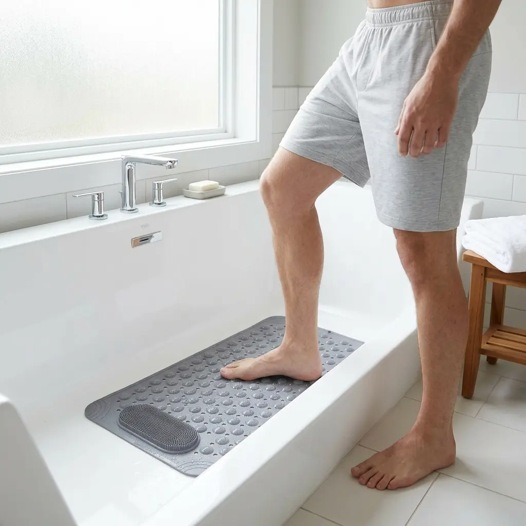 1pc non-slip shower mat, bathtub mat with drain holes and suction cups, foot massage shower rug, home bathroom, bathroom necessities., Bathroom Accessories, Anti-Slip Tread Bath Mats.   home essentials