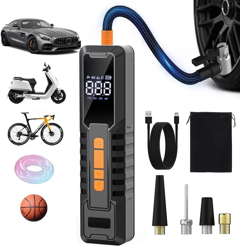 Tire Inflator Portable Air Compressor, Mini Compressor Portatil, LCD Display Tire Pressure Gauge 6000mAh & LED Light, Cordless Portable Air Compressor for Cars, Motorcycles, Bikes and Balls - Auto Accessories!
