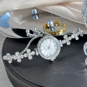 Elegant Floral Clover Mother-of-Pearl Watch for Women, Adjustable Crystal Accent Bracelet, Pull-to-Fit Fashion Timepiece