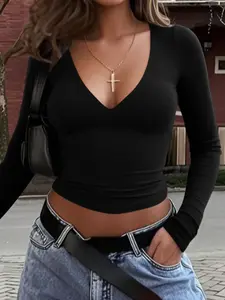 Pure Color Casual V-Neck Long Sleeve T-Shirt Top, Fitted Y-Type Design, Spring & Fall Fashion, Plain Pattern, Comfortable Everyday Daily Wear