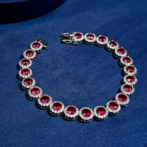 Elegant Silver-Toned Tennis Bracelet for Women Ruby Style Cubic Zirconia Inlaid with Halo Accents Sparkling Statement Jewelry Perfect for Daily Wear Party Wedding & Anniversary Gift Choice