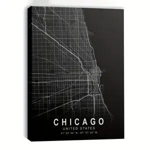 Chicago City Street Map Coordinates Canvas Wall Art, Minimalist Black White Urban Grid Print, Modern Office Bedroom Decor Unframed Canvas Poster or Framed Canvas Wrap
