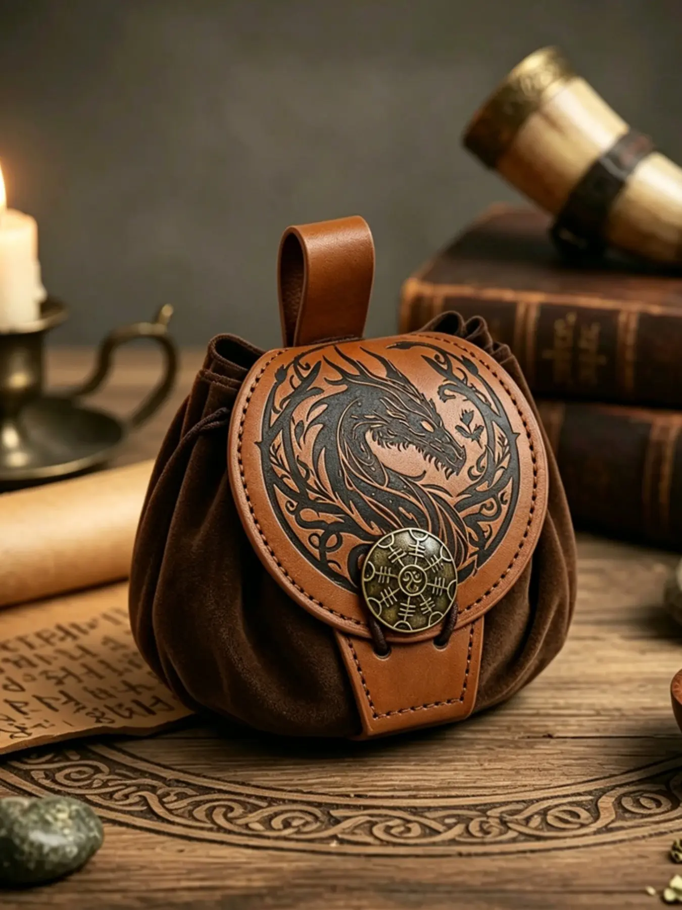 Medieval Dragon PU Leather Pouch, Norse Vegvisir Embossed Drawstring Waist Bag, Viking Larp, Cosplay, Renaissance Faire, Halloween Props, Waist Belt Bag