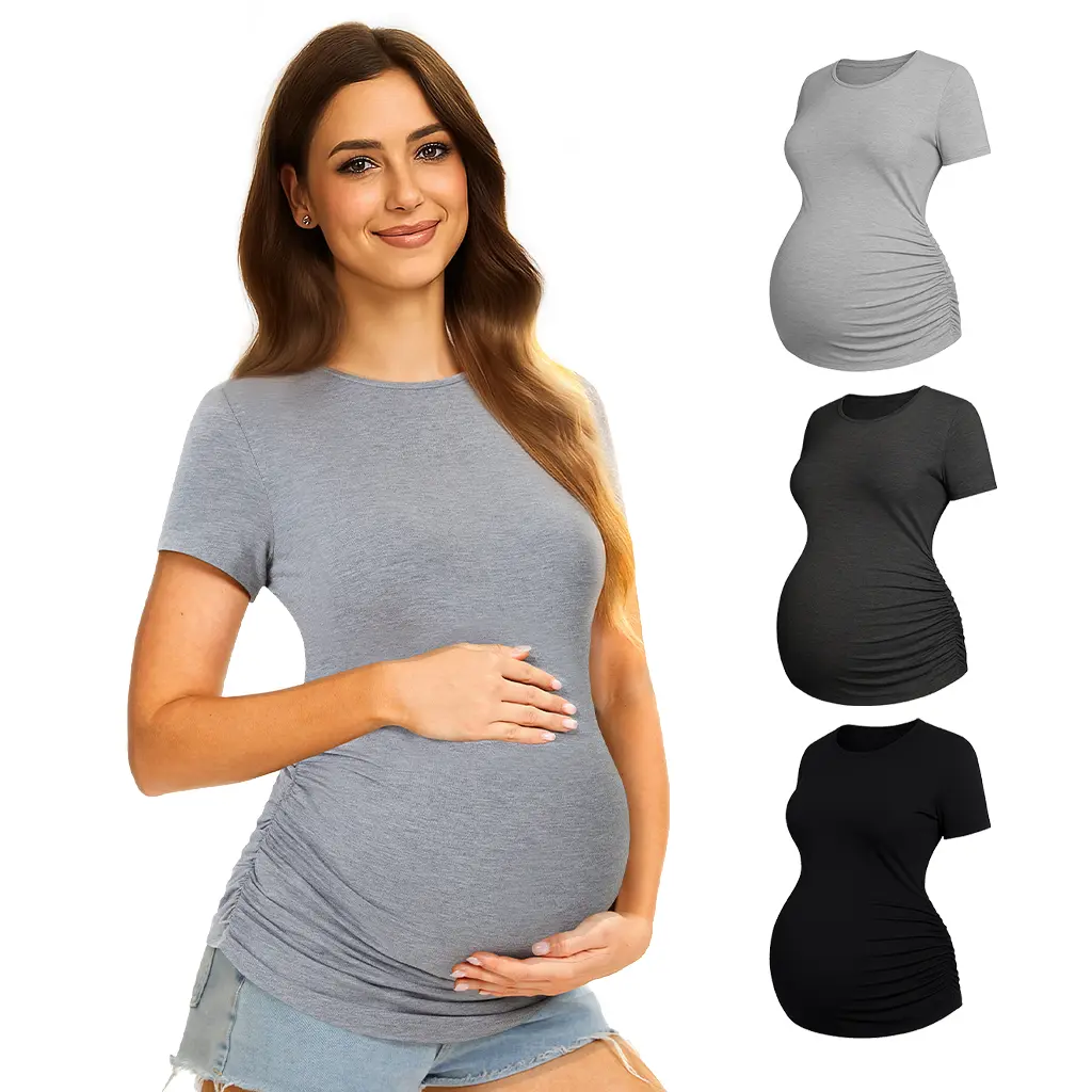 MIRAZEN Women's Side Ruched Maternity T-Shirts, 3-Pack Prenatal Solid Rayon Blend with Short Sleeves, Prenatal Maternity Clothing, Maternity Clothes
