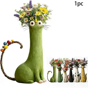 Handmade vintage Bohemian cat vase, Decorative vase, suitable for Bohemian home decoration, cat shaped flower pot, resin flower pot for desk shelf decoration, Decorating, unique gift for cat lovers