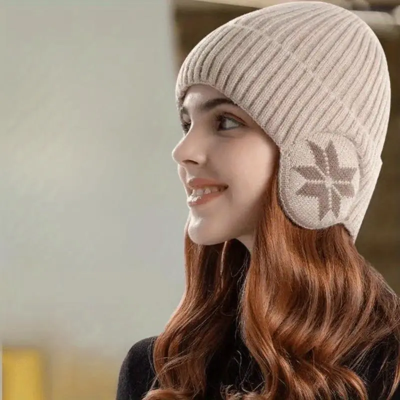 Unisex Cable Knit Winter Beanie Hat - Windproof Thermal Insulating, Soft Textile, Detachable Ear Flaps, Snowflake Design, for Outdoor Sports, Cold Weather, Cable Knit Hats, Thermal Insulating Hats
