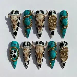 Press On False Nails, Western Cow Print Design, 3D Bull Skull & Turquoise Accents, Cowboy Rodeo Aesthetic Set for Beauty & Nail Art Decoration