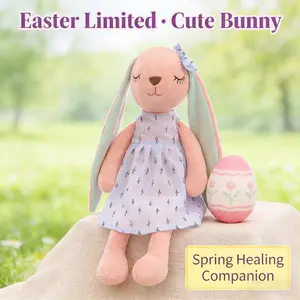 Easter-Themed Sweet Element Rabbit Plush Doll, Rabbit with Egg Patterned Dress & Bow, Soft Plush Fabric, Girls' Festival Gift, Spring Healing Companion