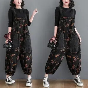 Women’s casual denim overalls/jumpsuits with a loose fit, oversized big pockets, floral print, strappy design, fitted silhouette, available in black