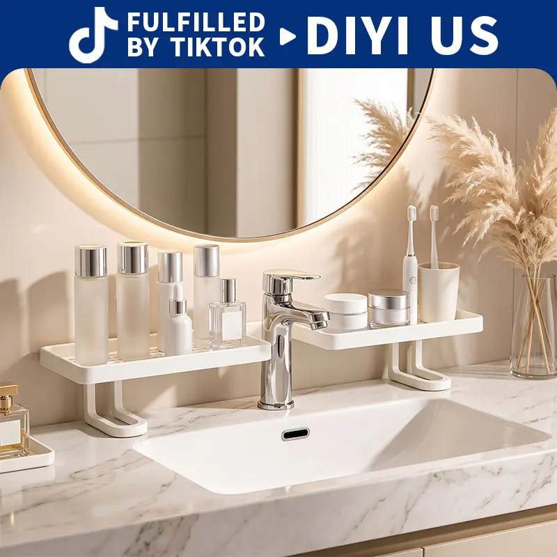 Over Sink Faucet Storage Rack - No-Drill Free Standing Shelf, High-Quality Carbon Steel, Rust-Proof, Large Capacity Home Organizer for Vanity, Makeup, Bottle Organization, Easy Drainage (Kitchen & Bathroom Use)