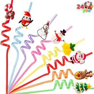 24 PCS Christmas Plastic Straws, 8 Colors Reusable Drinking Straws for Xmas Party Favors Kid-Friendly Supplies, Christmas Party Decorations, Goodie Bags Stuffers Fillers for Kids.