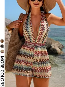 1 Piece Halter Neck Deep V-Neck Geometric Print Romper, Women Multicolor Boho Bohemian Beach Vacation Wear, Fashion