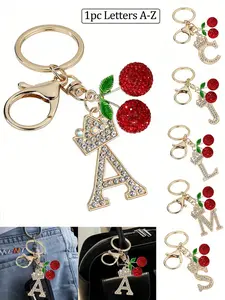 Gold Stainless Steel Crown Pendant Keychain with Cherry Decoration, A-Z Letter Crystal Pendants, Fashion Alloy Key Ring, Bag and Backpack Charm, Car Keychain, Perfect Accessory for Daily Use by Women