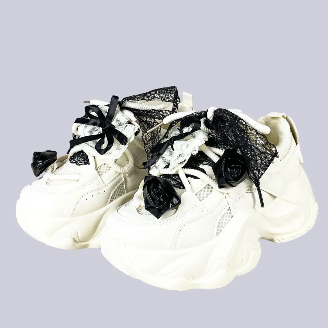 Black Rose Lace Coquette Kawaii Chunky Sneakers – Unisex