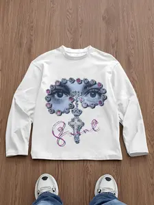 Men's Slim-Fit Round Neck Graphic Long Sleeve T-Shirt, Eye Gem Cross Art Print, Casual Street Style, Streetwear, All-Season Wear, Unisex Fashion Tee