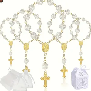 90 Pieces Baptism Cross Rosary Bracelets, 30 Sets with Velvet Pouches and Gift Boxes, Ideal for Baptism, Weddings, Anniversaries, Faith Jewelry, Cross Beads Bracelet