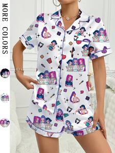 women's k-pop demon hunter tiger pajama set, two-piece short sleeve button-up top & shorts, comfortable home wear, netflix fan gift
