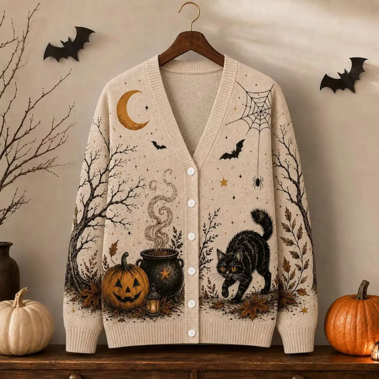 Cream Halloween Cardigan Jacket, Black Cat Cauldron Pumpkin, Moon Spiderweb Woodland Sweater