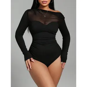 Sexy Black Asymmetric Shoulder Mesh Patchwork Ruched Women's Bodysuit Fall Cloth For Women