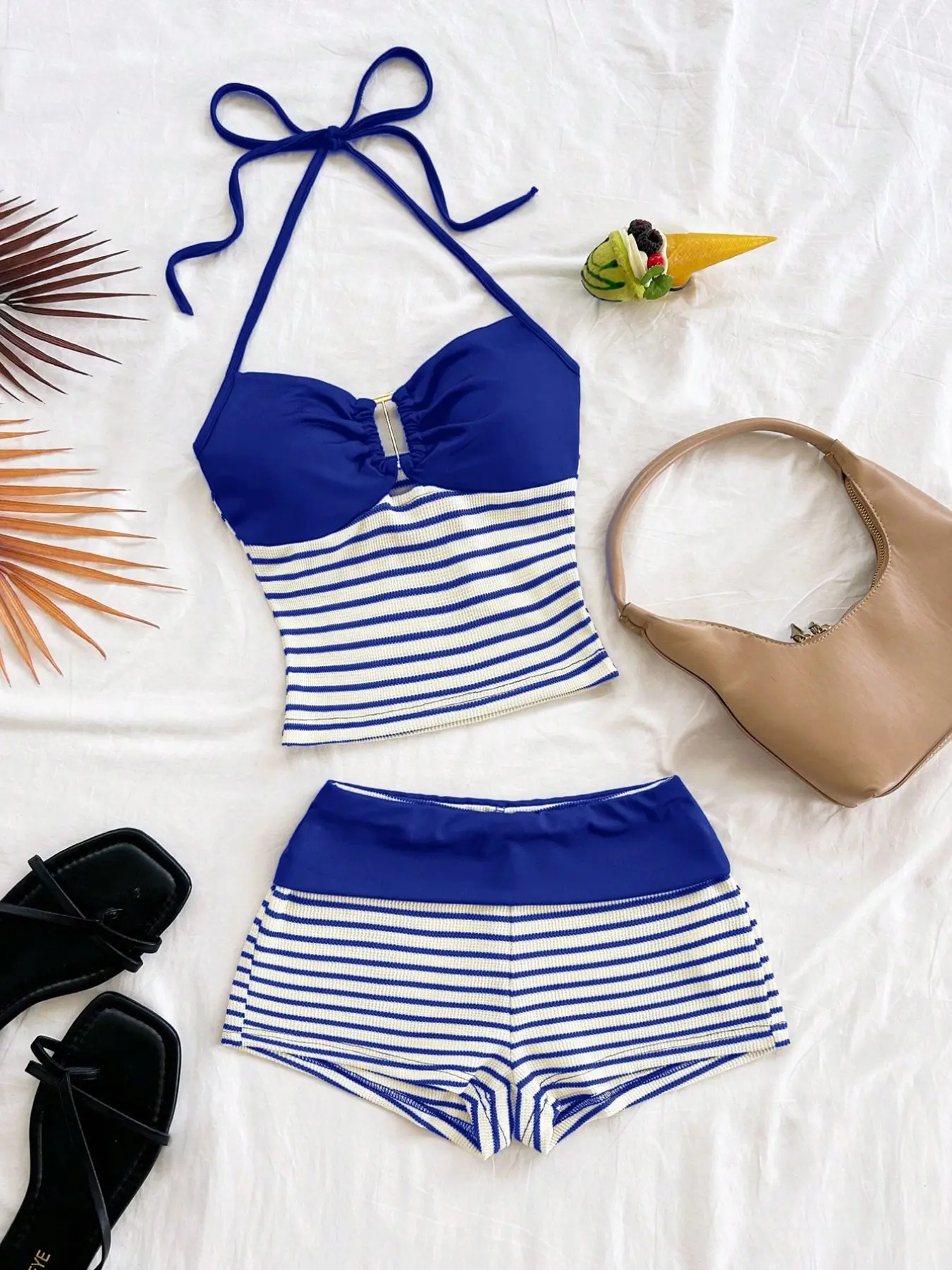 Women's Two-Piece Set with Thin Straps Top and Shorts, Strappy Top Set, Metal Buckle Stripe, Striped, Perfect for Parties, Valentine's Day, Bohemian Style, Boho, Aesthetic