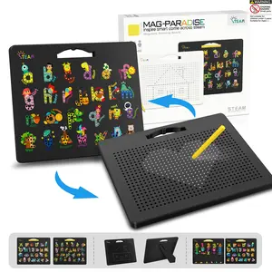 2-in-1 Double-Sided Magnetic Iron Bead Drawing Board Toy, STEM Education with Letters and Numbers for Early Literacy Skills, Erasable Freestyle Art 12x10 Inches, Letter Beads