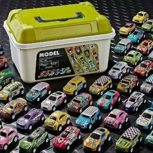 50-Pack Pull Back Cars, 1:64 Scale Mini Car Toys Bulk Metal Race Vehicles in Storage Bucket - Party Favors Goodie Bag Stuffers