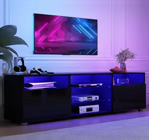 71 inch LED TV Stand for 75/80 inch TV, High Gloss TV Cabinet with Adjustable Storage Shelves, Modern LED Entertainment Center, TV Table Media Furniture for Living Room, Black