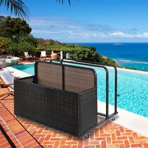 Double Layer PE Rattan Pool Float Storage Rack with Rolling Wheels, Outdoor Poolside Organizer Caddy for Floats, Noodles, Towels, Toys & Accessories, Heavy Duty & Space Saving Storage Solution