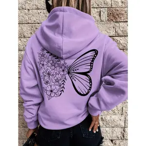 Purple casual hoodie with intricate butterfly and floral design — trendy long sleeves, polyester, machine washable sweatshirt with drawstring hood; casual wear hoodie | casual style hoodie | durable casualwear, oversized hoodie