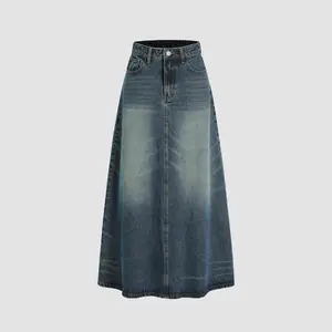Cider [size 0-26] Denim Mid Waist Solid Pocket Maxi Skirt