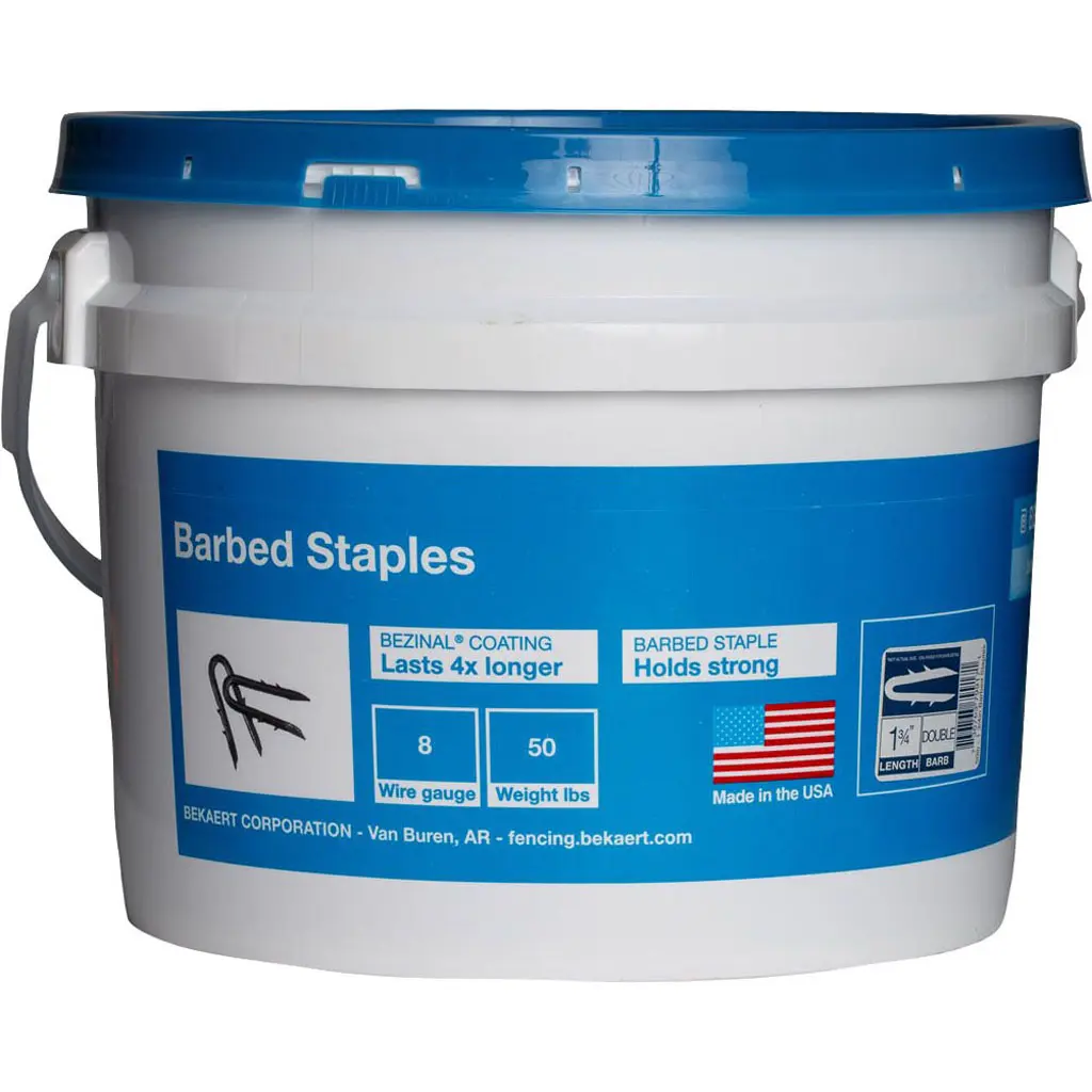 Bekaert 187255 Metal Staples, 1.25 in. 8 Gauge Bezinal Coating Barbed Fence Staples, 50 lbs Bucket Pack, Barbed Type