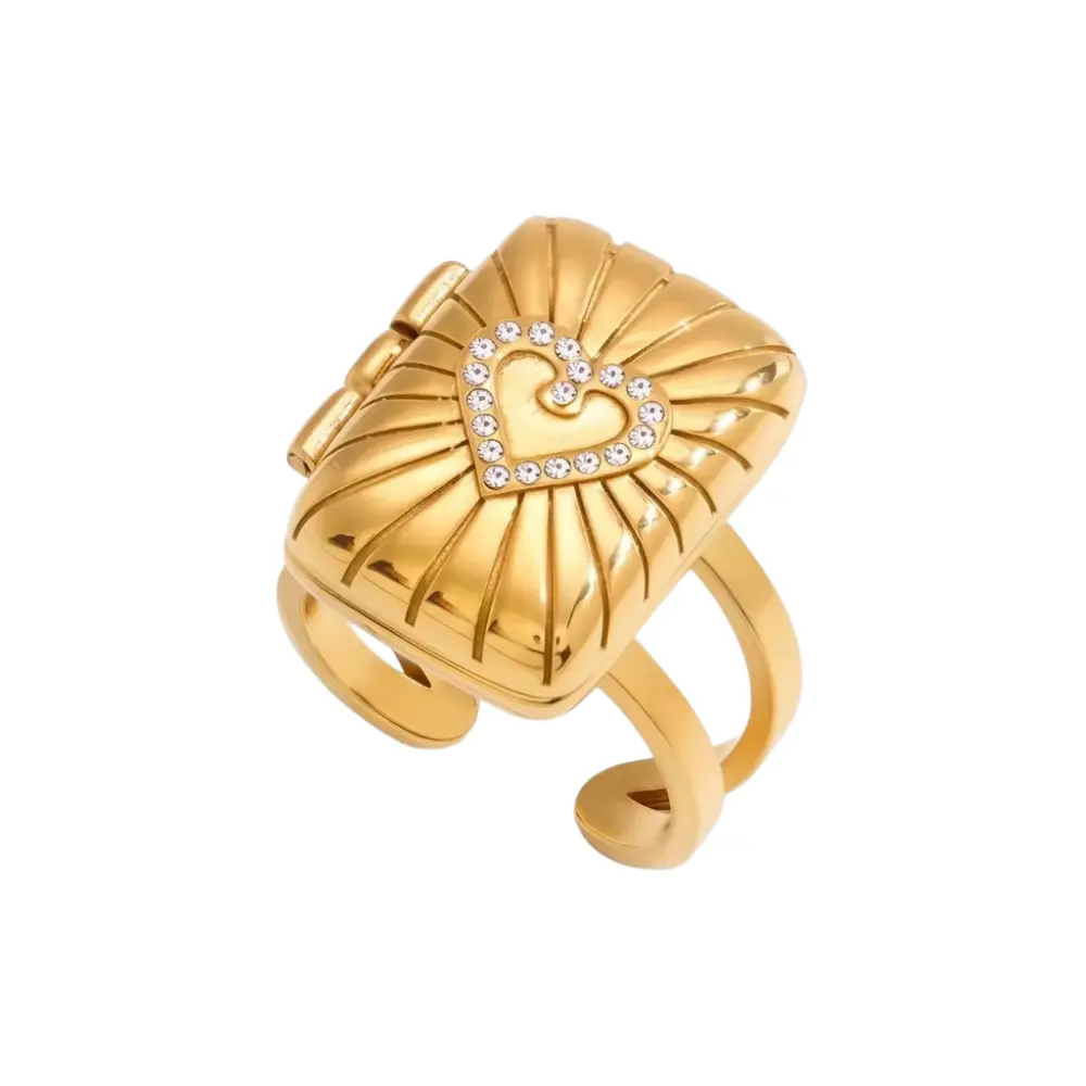 Clear Heart Book Locket Adjustable Ring - 18K Gold Plated Stainless Steel