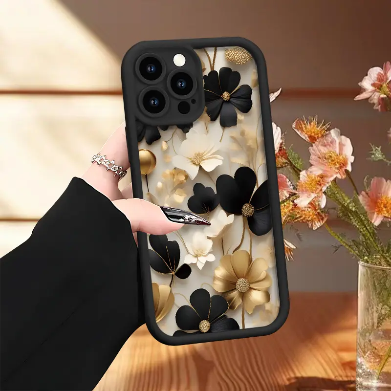 Simple Soft Phone Case with Black And Golden Flowers Pattern UV Printing Matte Phone Cover, 360 Degree Full Protection for Apple