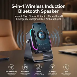 Wireless Induction Audio Speaker Stand with Bluetooth Phone Holder, 5-in-1 Charging Station for iPhone iPad, Adjustable Phone Dock, Portable Desk Stand for Home Office