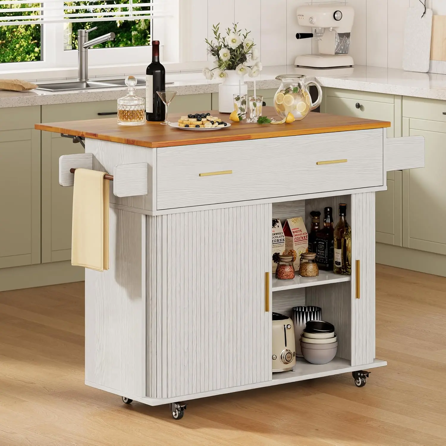 【Rolling Kitchen Island】DHH 39.4-Inch Mobile Kitchen Cart with Drop-Leaf Countertop, Fluted Tambour Cabinet, Drawer and Lockable Wheels