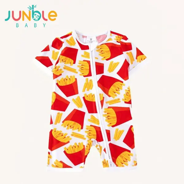 JUNBLEBABY Bamboo Toddler Outfit, Unisex Viscose Knit Footie Romper with Zipper, Sleep and Play Pajamas with French Fries All-Over Print, 3-24 Months, Baby Girl Clothes, Rompers, Crew Neck, 12-18M, Cartoon, Sleepwear, Tight-Fit