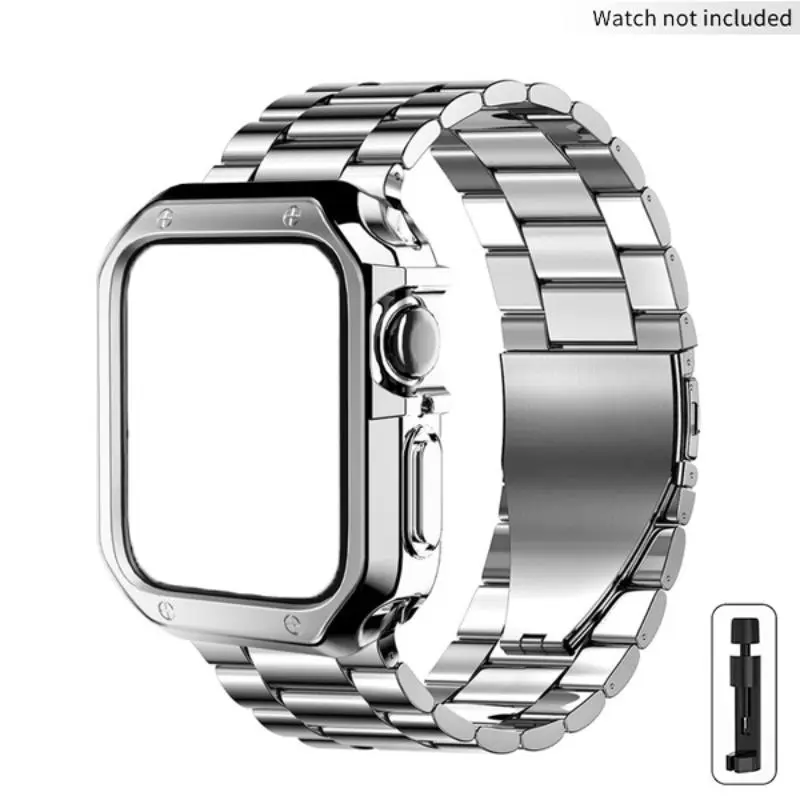 Protective Case + Stainless Steel Buckle Strap Set for Apple Watch Ultra and Series 9–6, Durable Electroplated TPU Material, Includes Tool Kit, Smart Watch Straps, Wearable Tech Accessories, Smartwatch Accessories