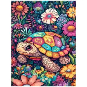 Patterned Turtle In Flower Bed Art Painting 5D DIY Diamond Painting Kit Full Drill Square Round Diamonds Embroidery Cross Stitch Art Craft Home Wall Decor Art Gift, Handmade Gifts For Living Room Bedroom Handmade Decorative Painting Set