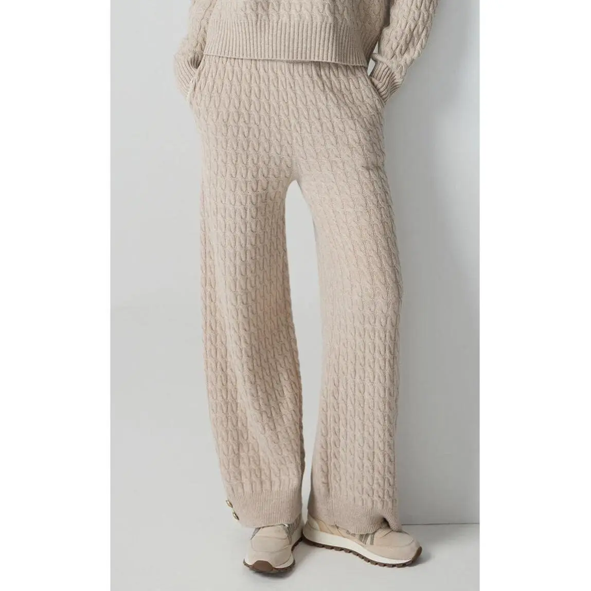 Wool Cable Knit Pants - 100% Merino Wool High-Waisted Relaxed Straight-Leg with Elastic Waistband for Fall & Winter Wear