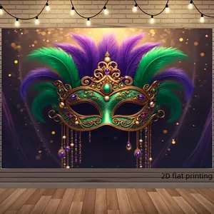 1PC 2D Flat Polyester Mardi Gras Backdrop Banner - Purple, Green Feather Mask Masquerade Decor, Reusable Hanging Cloth for Birthday, Festival Event Photo & Stage Decor, Banners,summerwins