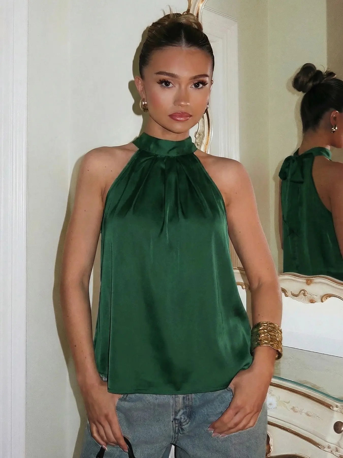 Women's Sexy Backless Sleeveless Loose Basic Top, Tie-Back Satin Backless Top, Casual Backless Design, Smooth Texture, Comfortable Fabric, All Seasons Versatile Casual Elegant Sleeveless Style, Halter Neck