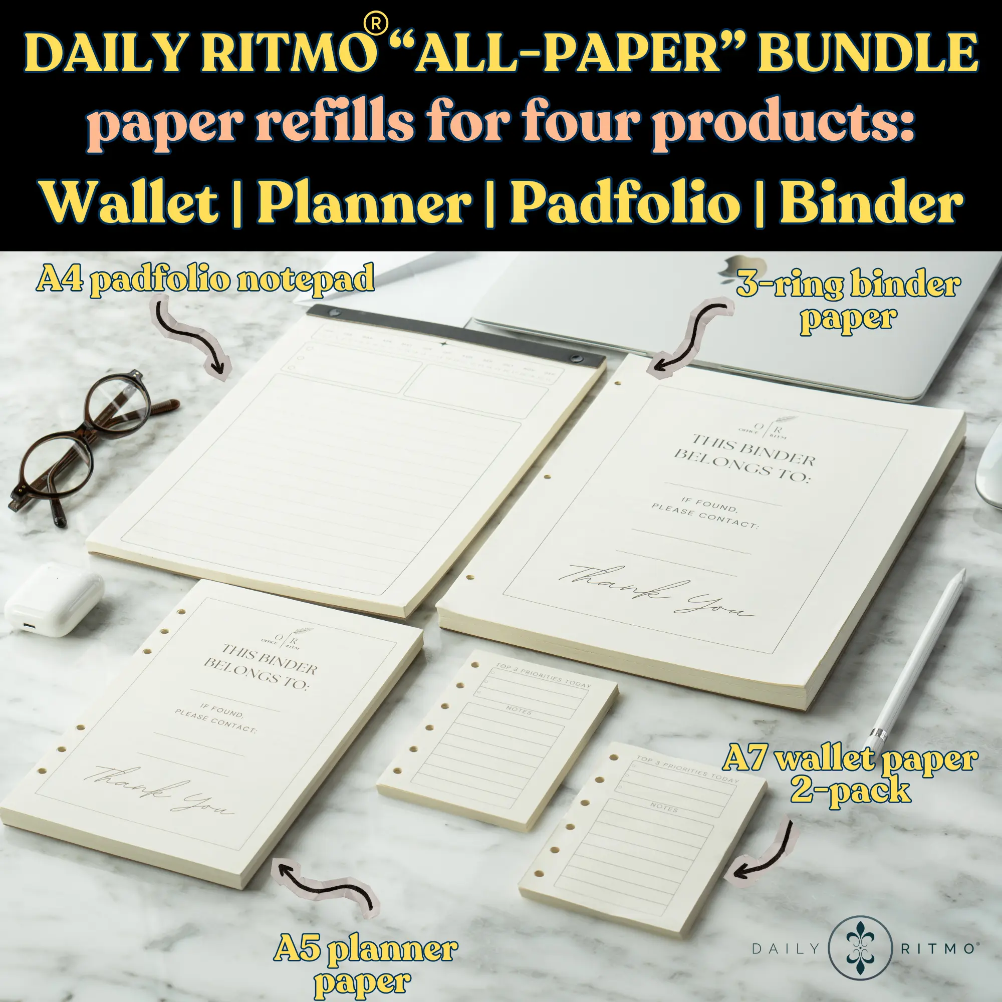 DAILY RITMO Multi-Size Stationery Supplies Bundle - Binder Paper & Planning Aid Refills for A7 Wallet, A5 Planner, A4 Padfolio, 3-Ring Binder, School Supplies