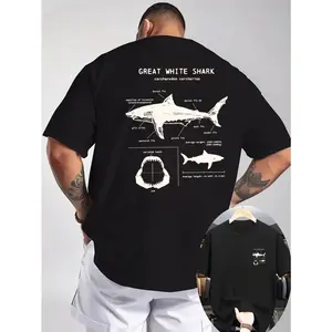 180g[100%cotton]Mens Cotton Graphic Tee Great White Shark Back Print Marine Anatomy Diagram Short Sleeve Crewneck Casual Streetwear Summer Vacation Beach Surf Gift For Ocean Lovers