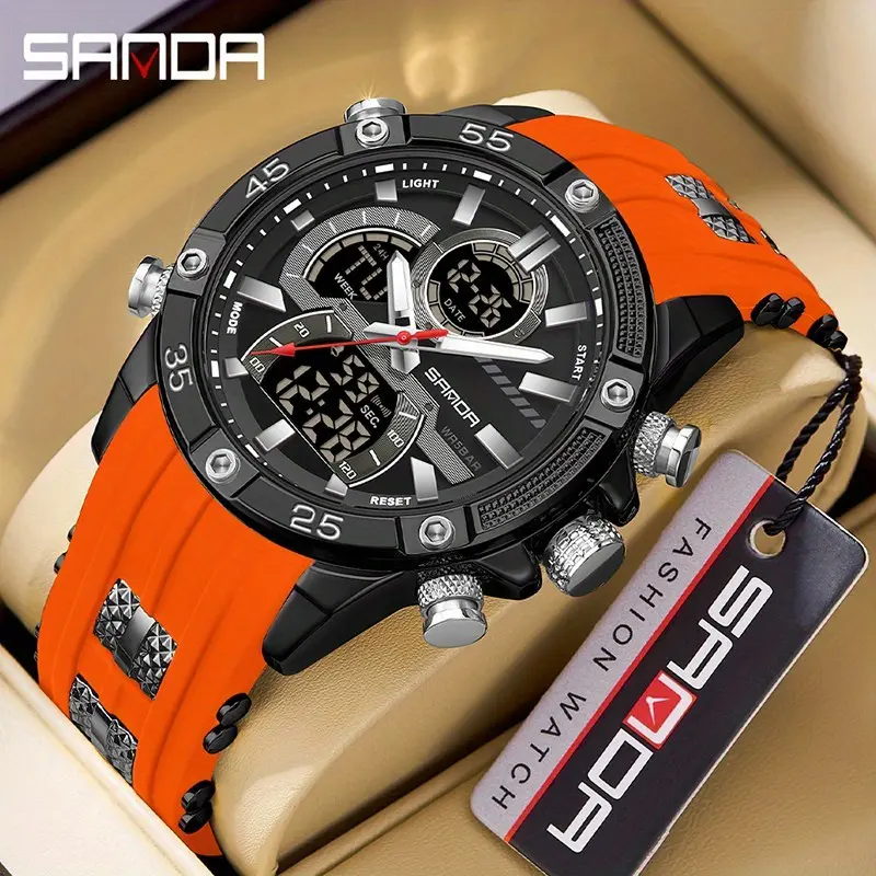 Sanda New Men'S Electronic Watch Multi Functional Night Light Waterproof Rubber Dual Display Sports Watch High Luxury Military Clock