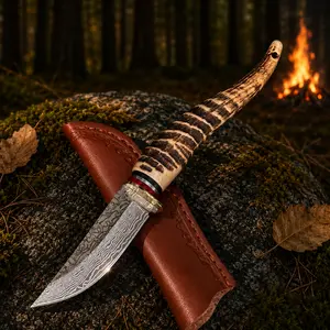 NorthForg-Damascus Steel Outdoor Knife with Antler Style Handle, Full Tang Fixed Blade Design, Includes Leather Sheath for Camping, Hiking and Outdoor Activities Portable